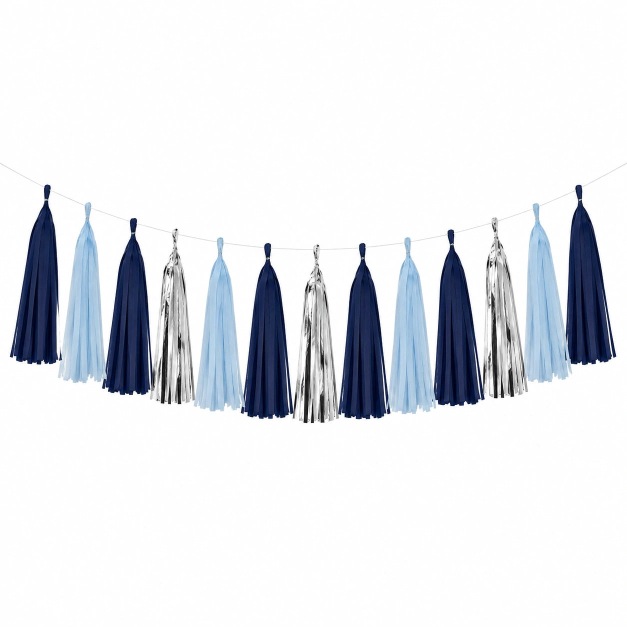 Guirnalda de borlas 300 cm de papel azul marino azul claro y plata para decoración de fiestas