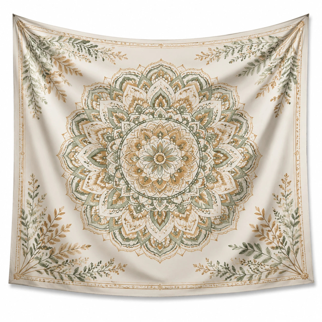 Tapiz de pared 150 x 150 cm de poliéster beige verde y dorado con mandala floral bohemio