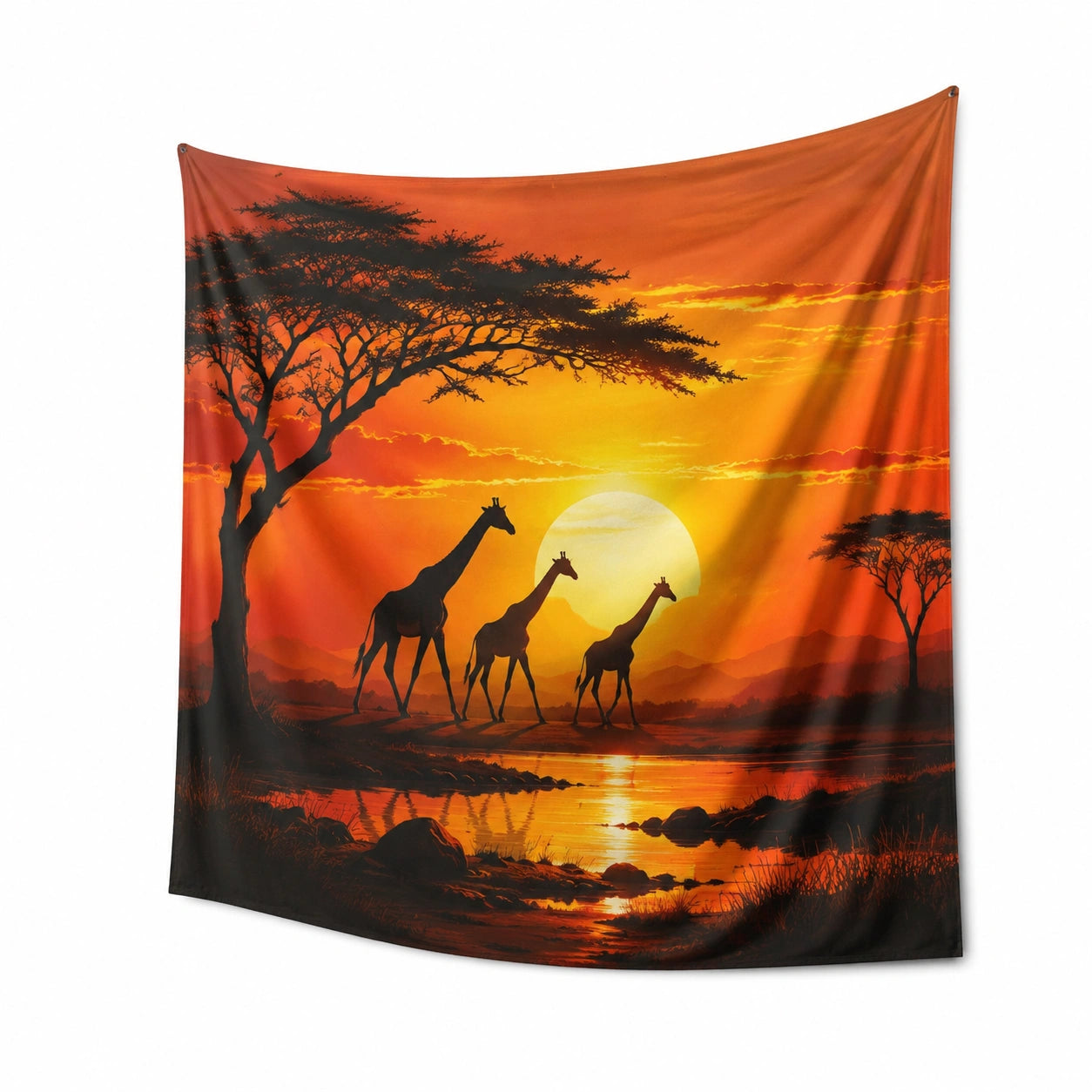 Tapiz decorativo 150 x 130 cm de poliéster naranja con jirafas y paisaje de atardecer