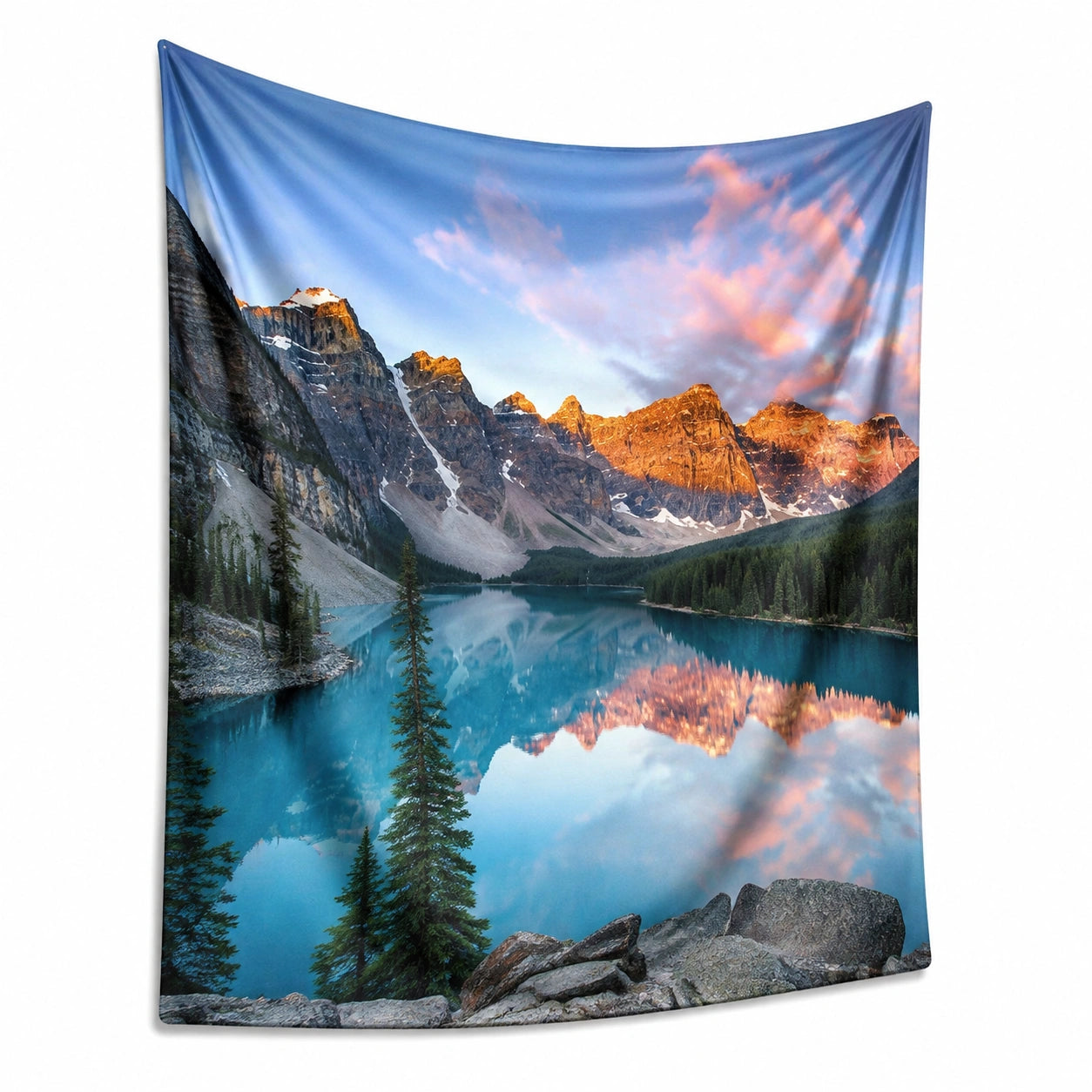 Tapiz de pared 150 x 130 cm de poliéster azul con paisaje de montaña estilo natural