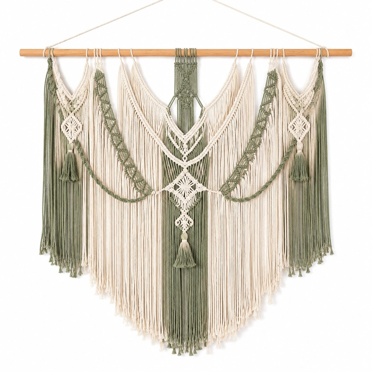 Tapiz de pared 100 x 120 cm de cordón textil verde y crema con flecos estilo bohemio
