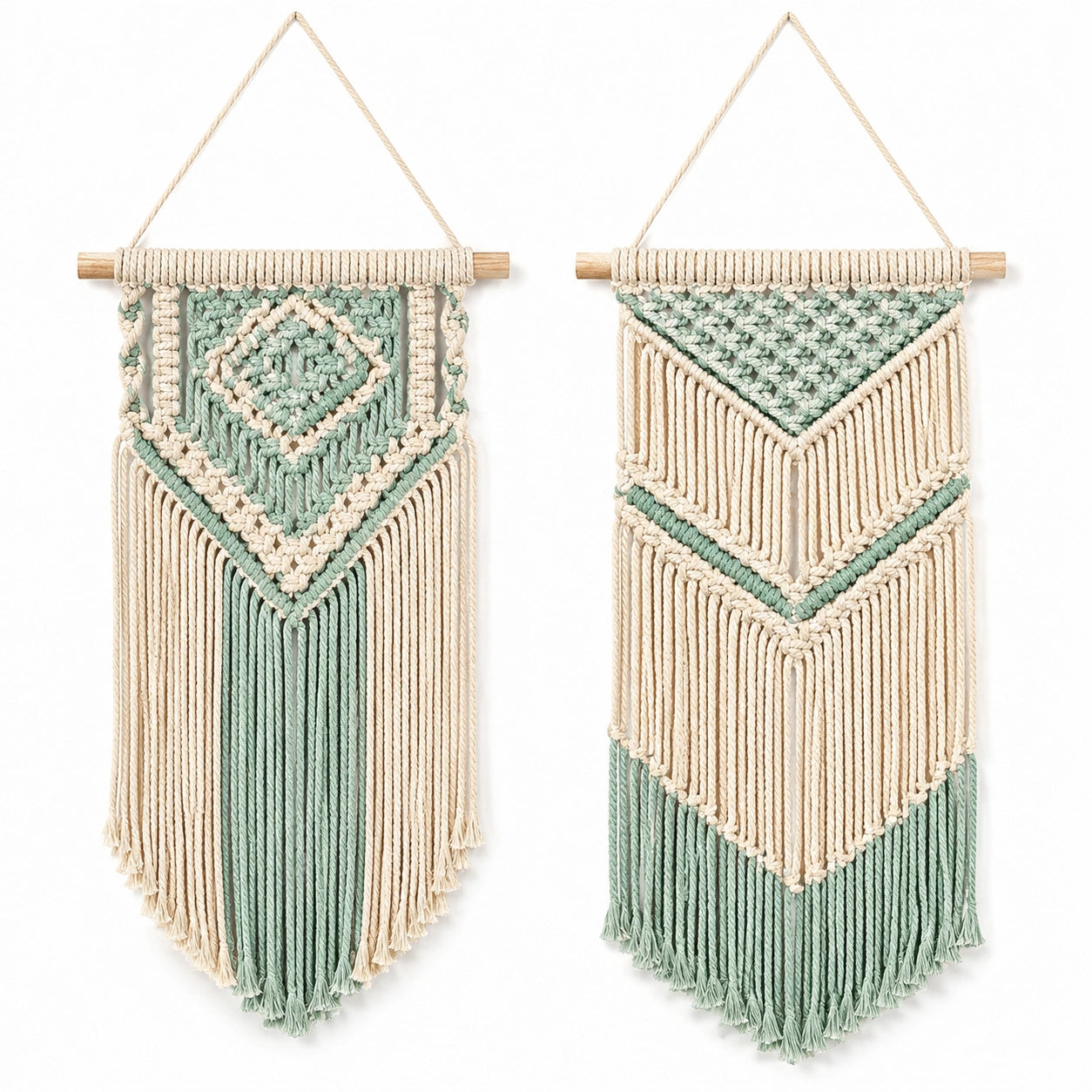 Tapiz de pared 30 x 75 cm de algodón beige y verde con flecos estilo bohemio