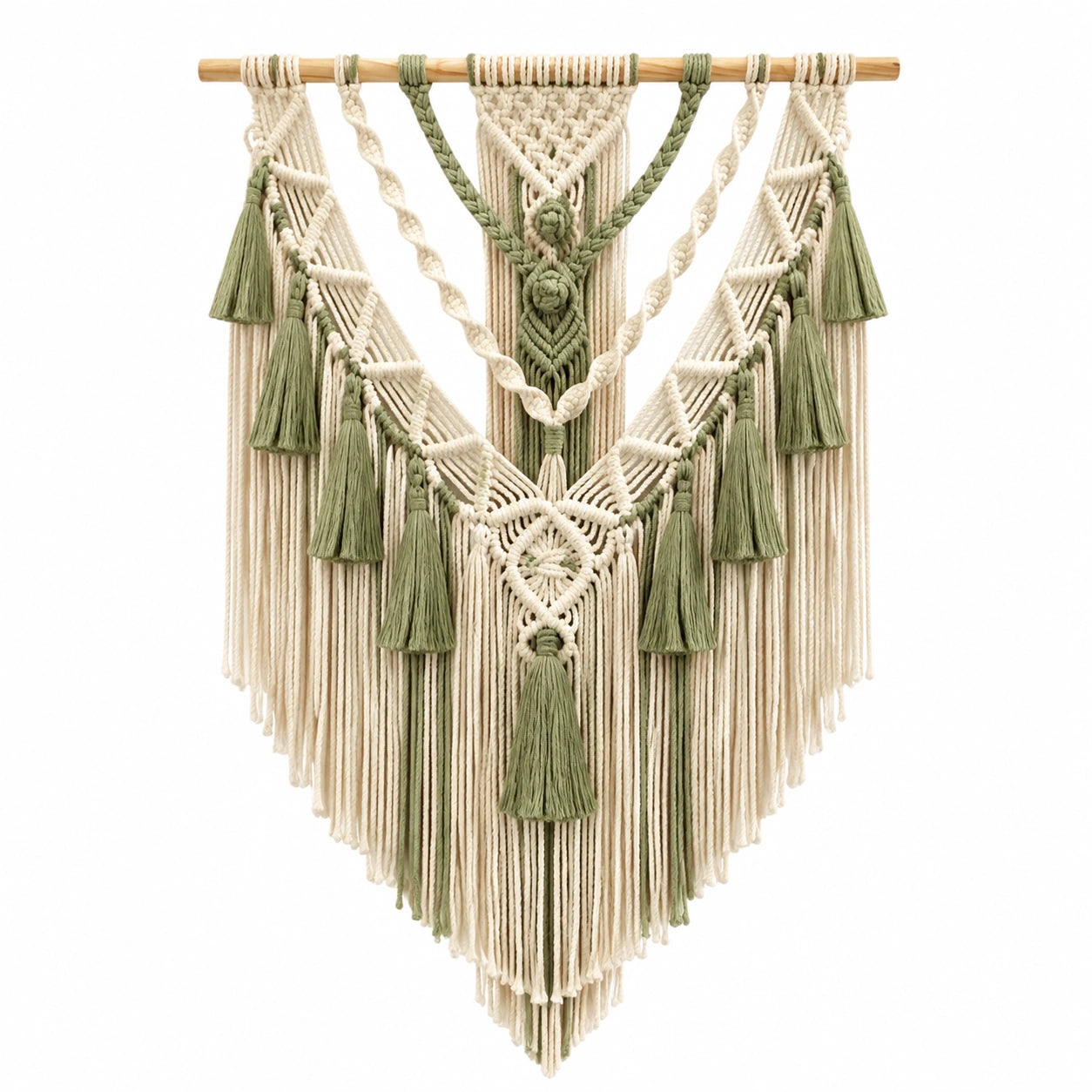 Tapiz de pared de macramé 70 cm x 100 cm algodón beige y verde estilo bohemio
