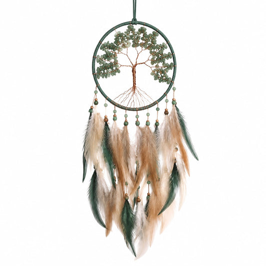 Atrapasueños 30 x 75 cm con cuentas y plumas verdes estilo bohemio para pared