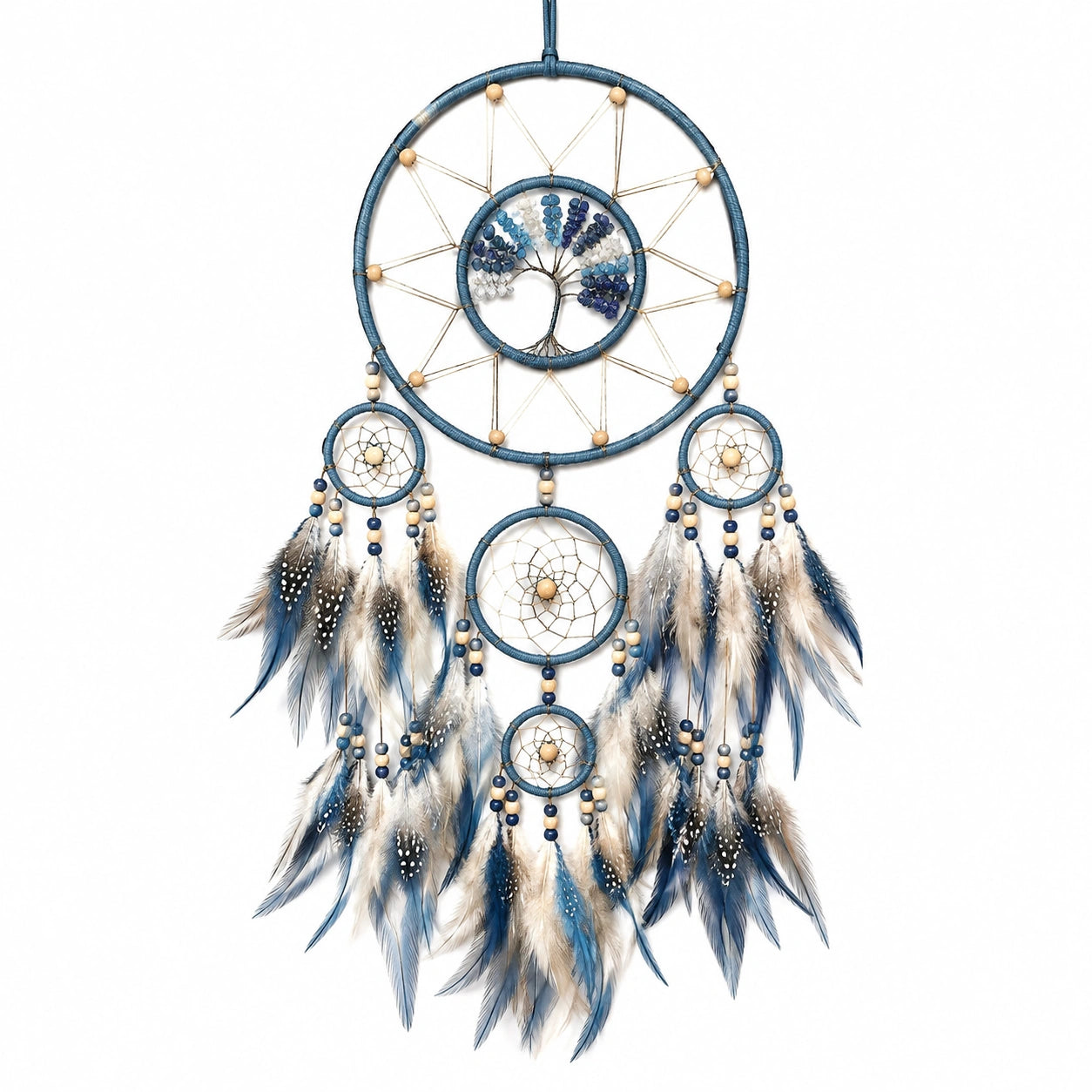 Atrapasueños decorativo 55 x 95 cm con plumas azul beige y aros tejidos