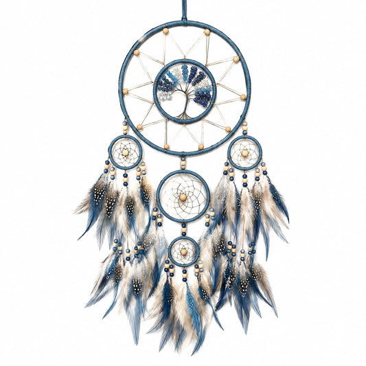 Atrapasueños decorativo 55 x 95 cm con plumas azul beige y aros tejidos