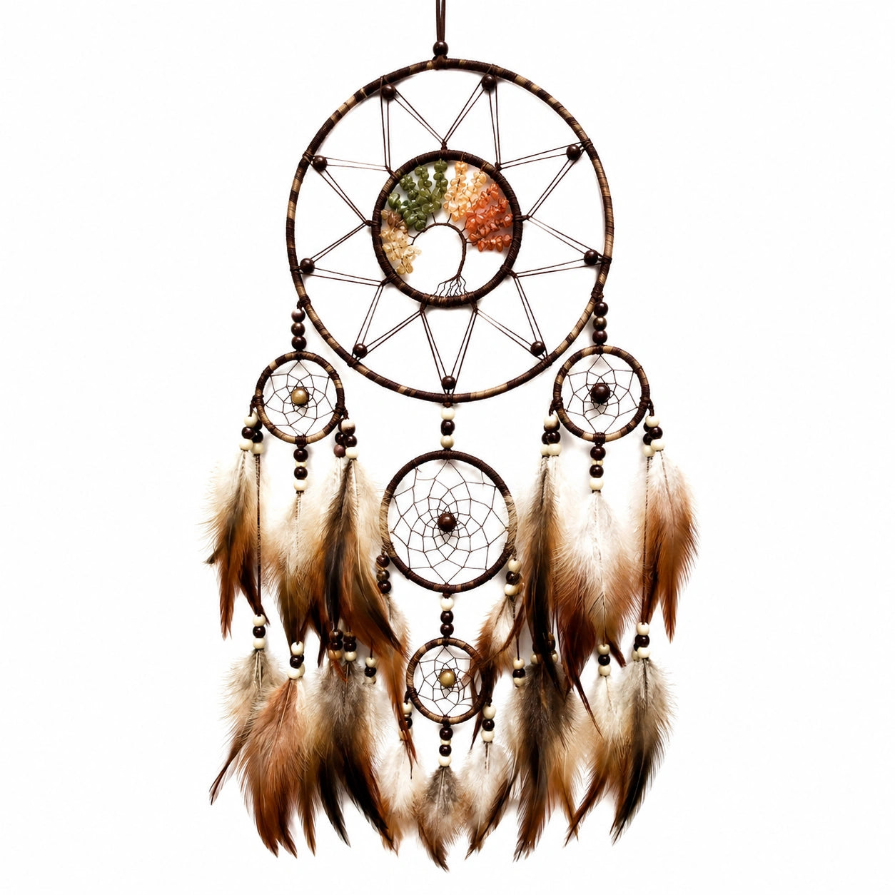 Atrapasueños colgante 40 x 90 cm de cordón y plumas marrón beige para decoración artesanal