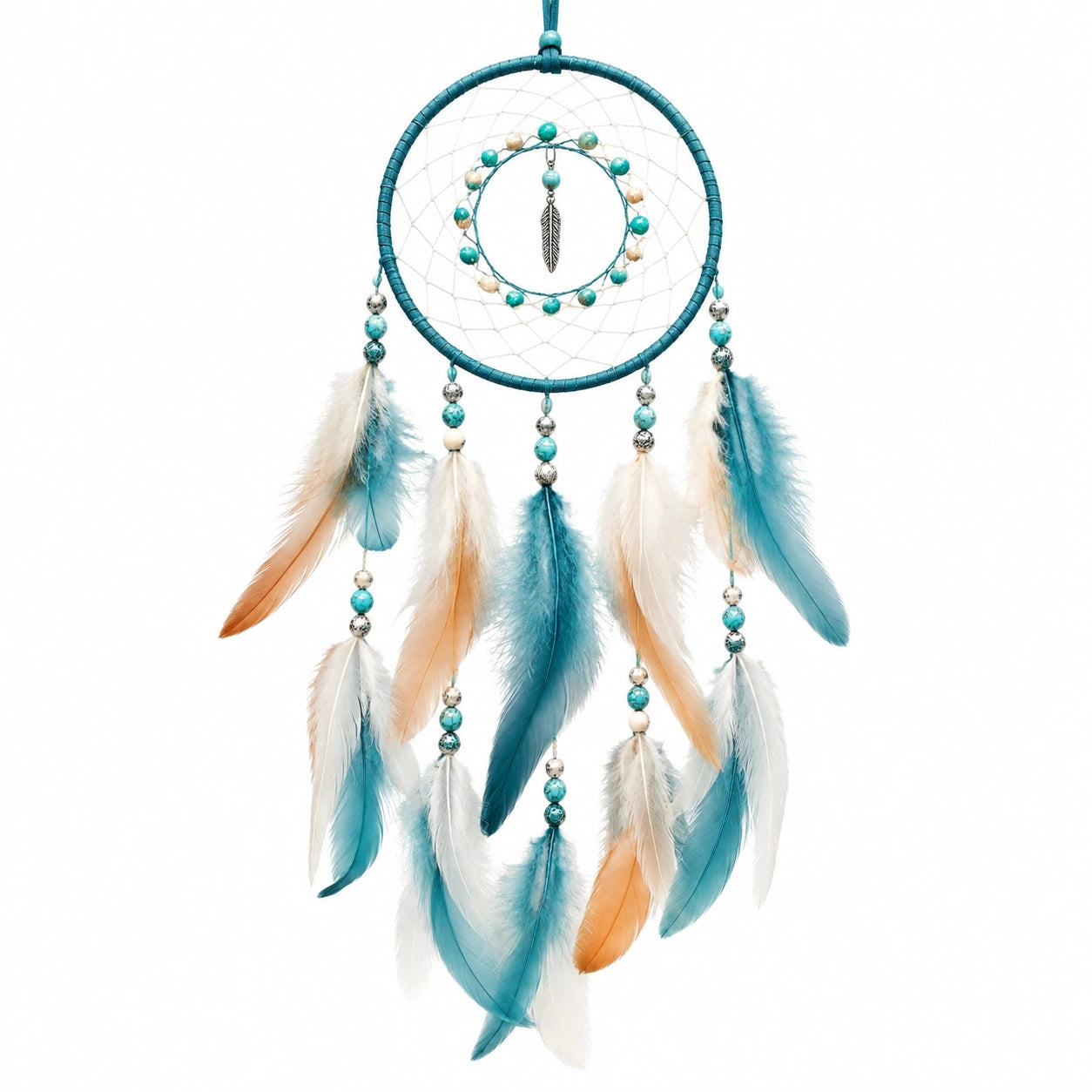 Atrapasueños decorativo 30 x 70 cm con plumas turquesa blanco y naranja