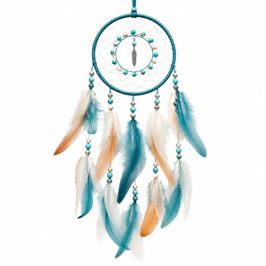 Atrapasueños decorativo 30 x 70 cm con plumas turquesa blanco y naranja