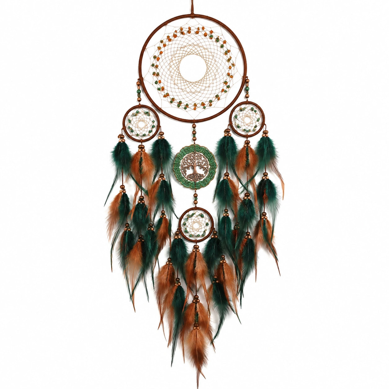 Atrapasueños 50 x 100 cm de cordón marrón con plumas verde oscuro y naranja estilo bohemio