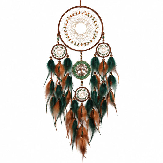 Atrapasueños 50 x 100 cm de cordón marrón con plumas verde oscuro y naranja estilo bohemio