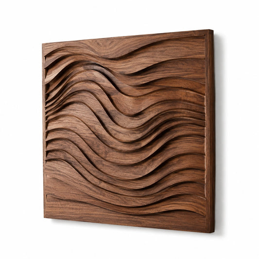 Panel decorativo de pared 60 x 60 cm de madera marrón con relieve ondulado