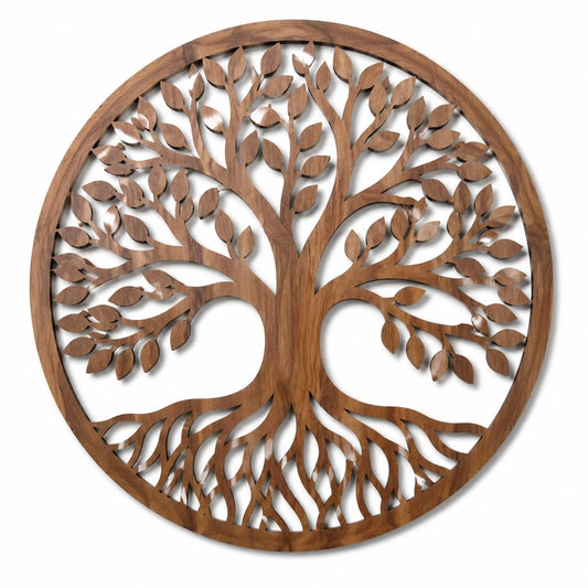 Decoración de pared circular 60 cm de madera marrón - árbol calado estilo natural