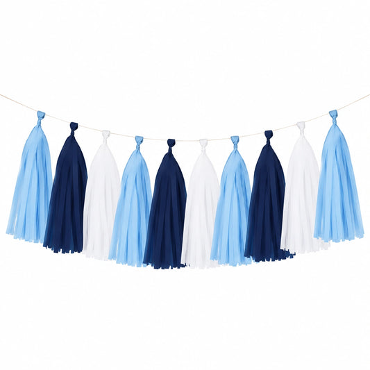 Guirnalda de borlas de papel de seda 300 cm azul celeste azul marino blanco decorativa