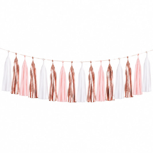 Guirnalda decorativa 300 cm de papel rosa blanco y rosa dorado con flecos para fiestas