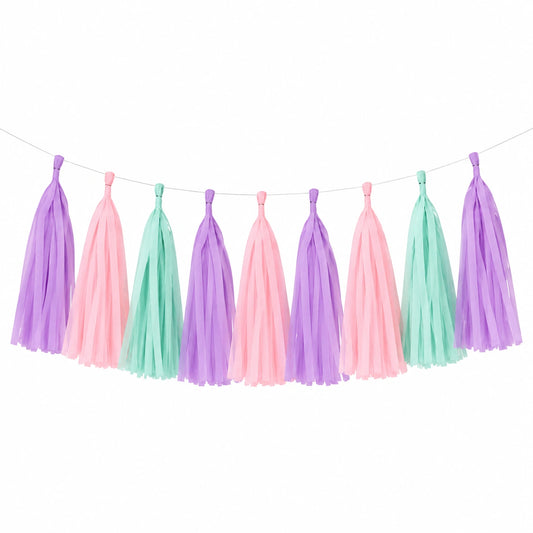 Guirnalda de borlas de papel 200 cm - rosa lila verde menta para decoración de fiestas