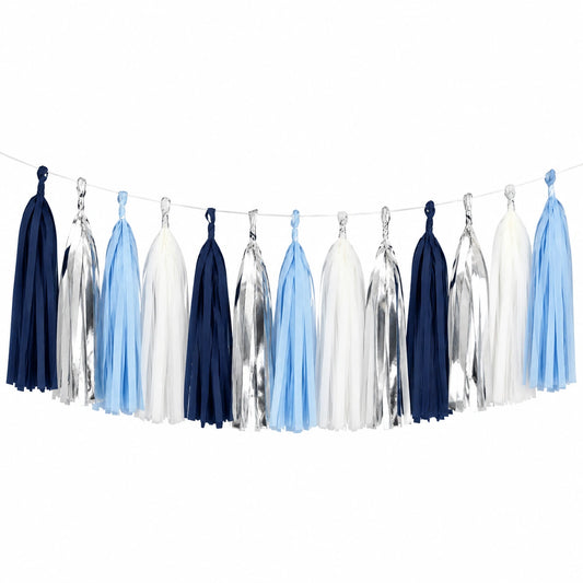 Guirnalda de borlas 180 cm de papel azul marino azul claro blanco y plateado decorativa