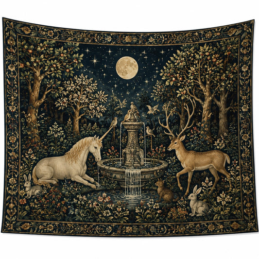 Tapiz de pared 150 x 150 cm de poliéster azul oscuro con bosque lunar y animales estilo vintage