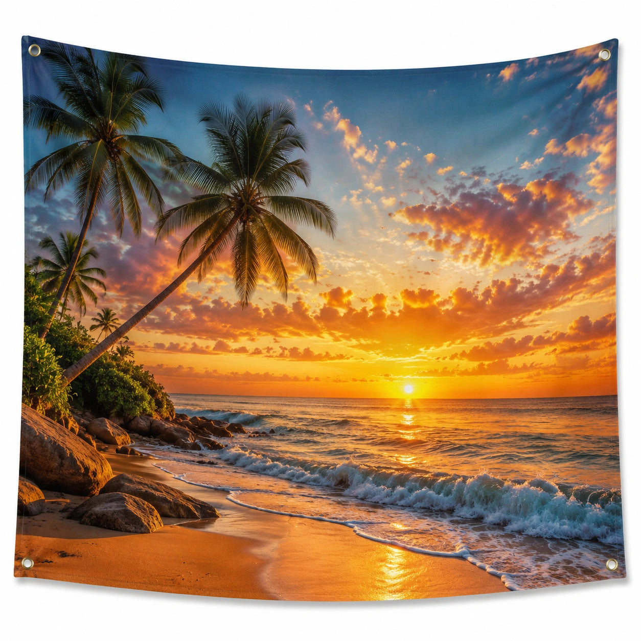 Tapiz decorativo 150 x 150 cm de poliéster azul y naranja con paisaje de playa