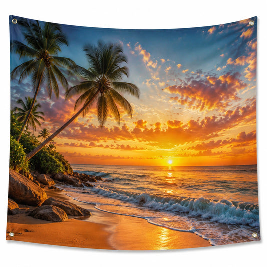 Tapiz decorativo 150 x 150 cm de poliéster azul y naranja con paisaje de playa