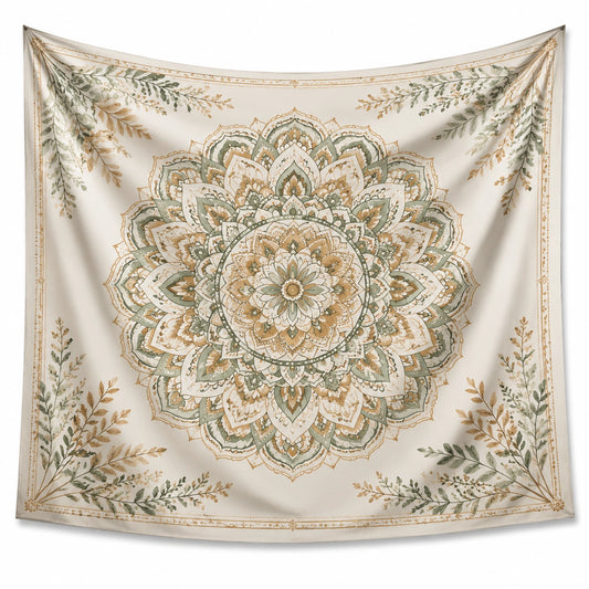 Tapiz de pared 150 x 150 cm de poliéster beige verde y dorado con mandala floral bohemio