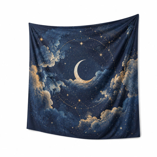 Tapiz decorativo 150 x 150 cm de poliéster azul marino con luna y estrellas estilo celestial
