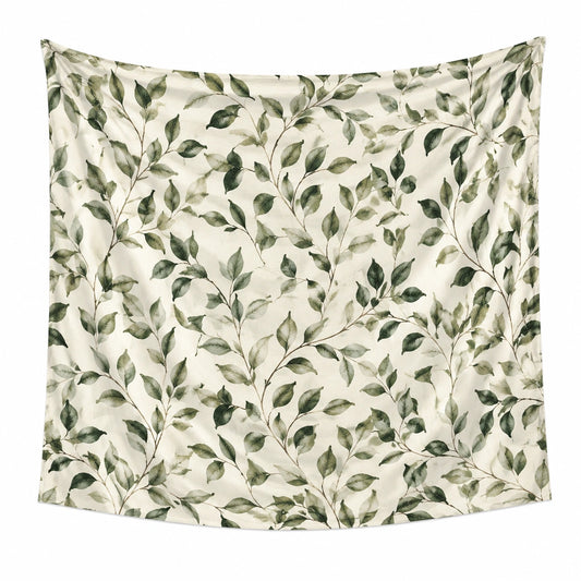 Tapiz de pared 150 x 150 cm de tejido beige y verde con hojas - decoración botánica