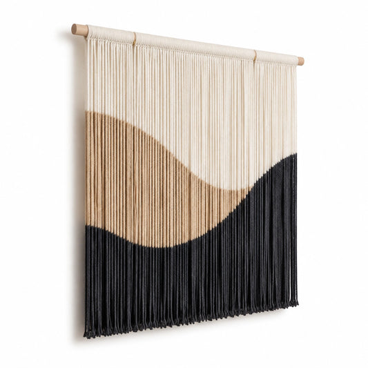 Tapiz de pared de 70 x 90 cm de algodón beige marrón y negro con flecos estilo bohemio