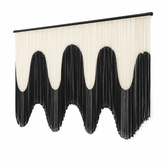 Tapiz de pared 120 x 100 cm de cordones textiles negro y crema con diseño ondulado