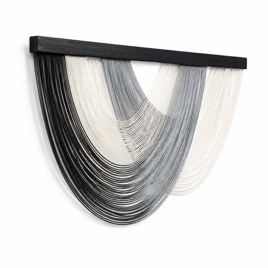 Tapiz de pared 120 cm x 130 cm de hilo negro gris blanco con barra de madera estilo moderno