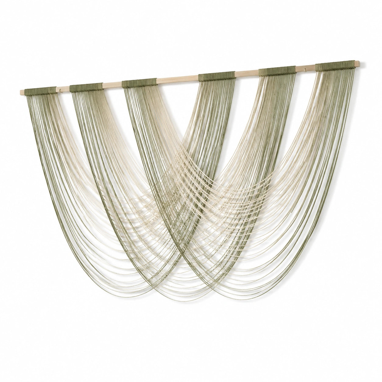 Tapiz de pared 120 x 100 cm de cordón textil verde y beige con barra de madera estilo bohemio