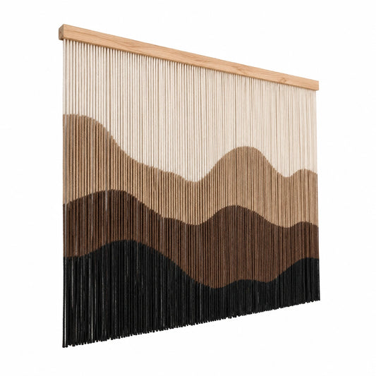 Tapiz de pared 100 x 110 cm de cordón textil beige marrón y negro con barra de madera - decoración bohemia