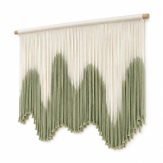 Tapiz de pared 90 x 100 cm de cuerda textil beige y verde con barra de madera para decoración estilo bohemio