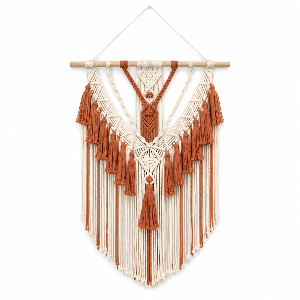 Tapiz de pared macramé 70 x 100 cm de algodón beige terracota con borlas estilo bohemio
