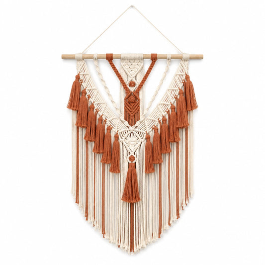 Tapiz de pared macramé 70 x 100 cm de algodón beige terracota con borlas estilo bohemio