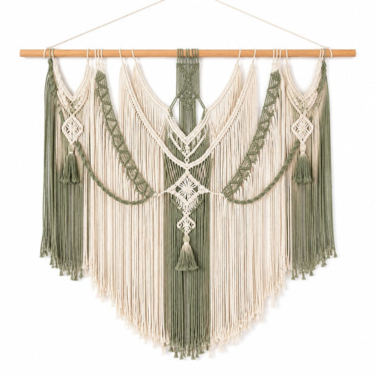Tapiz de pared 100 x 120 cm de cordón textil verde y crema con flecos estilo bohemio