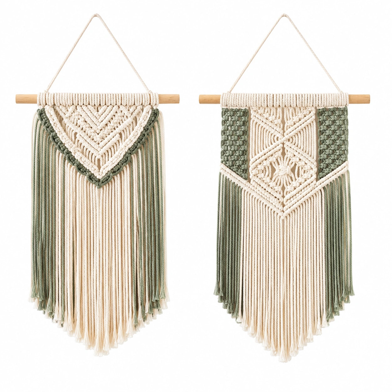 Tapiz de pared de macramé 40 x 85 cm algodón beige y verde con flecos estilo bohemio