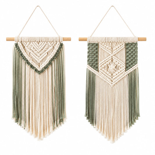Tapiz de pared de macramé 40 x 85 cm algodón beige y verde con flecos estilo bohemio