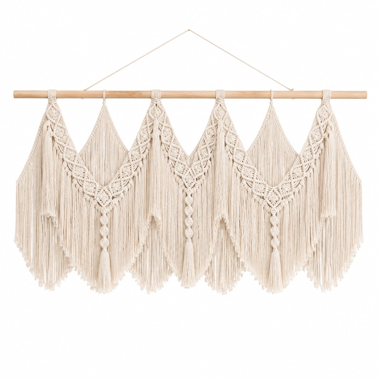 Tapiz mural de macramé 120 x 100 cm algodón beige con flecos estilo bohemio