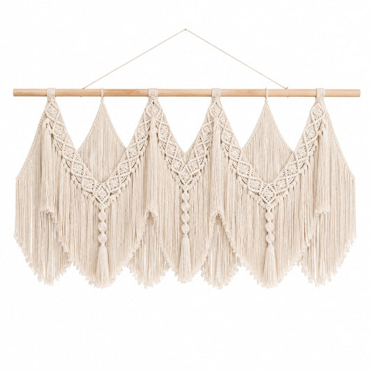 Tapiz mural de macramé 120 x 100 cm algodón beige con flecos estilo bohemio