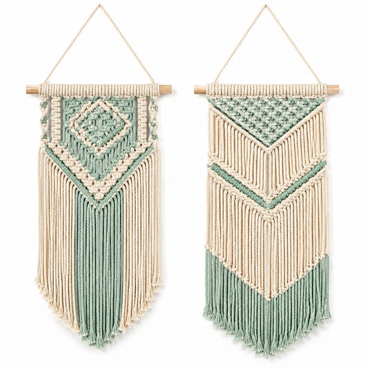 Tapiz de pared 30 x 75 cm de algodón beige y verde con flecos estilo bohemio