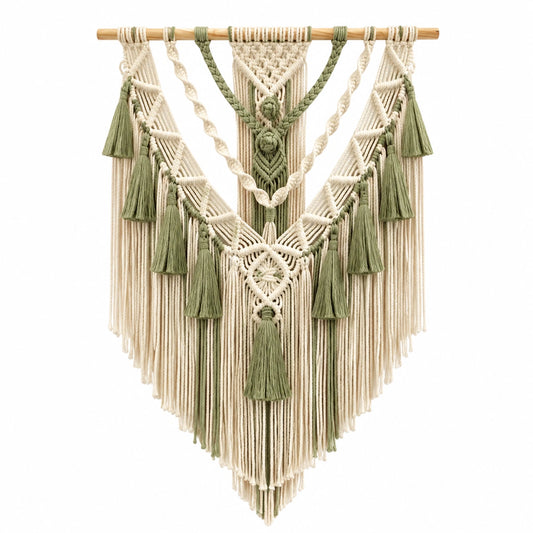 Tapiz de pared de macramé 70 cm x 100 cm algodón beige y verde estilo bohemio