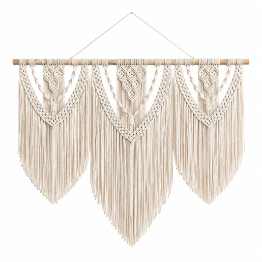 Tapiz de pared 120 x 100 cm de algodón beige con flecos estilo bohemio