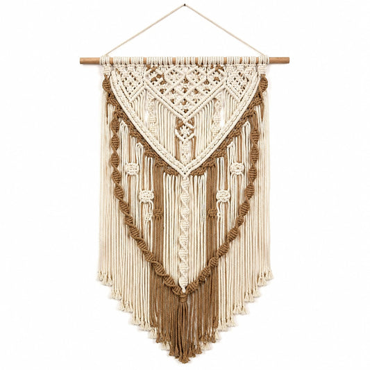 Tapiz de pared 50 x 90 cm de algodón beige y marrón con flecos estilo bohemio