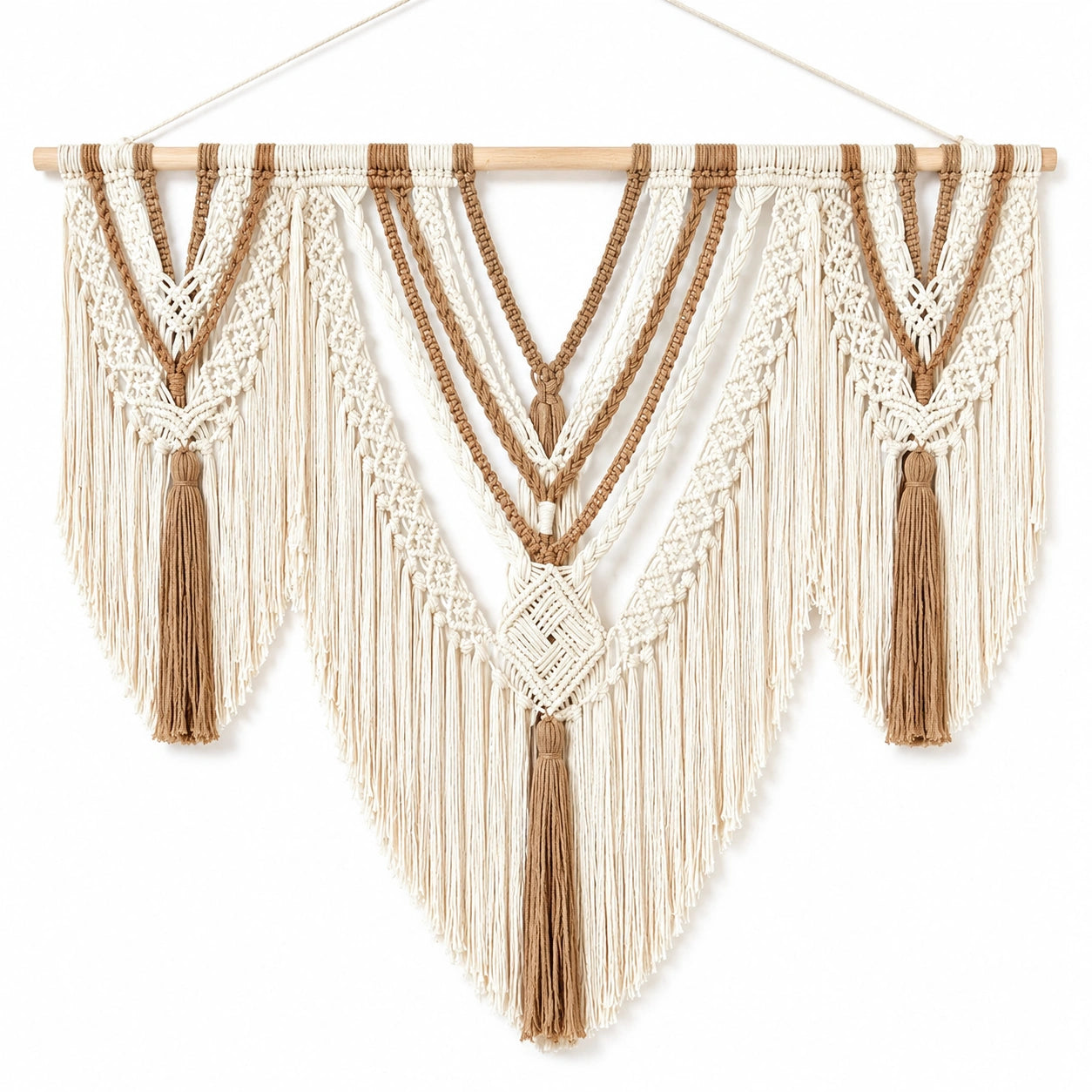 Tapiz de pared 100 x 90 cm de algodón beige y marrón con flecos estilo bohemio