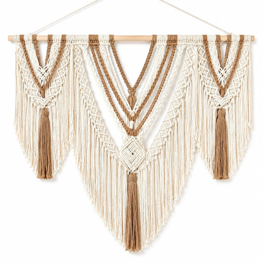 Tapiz de pared 100 x 90 cm de algodón beige y marrón con flecos estilo bohemio